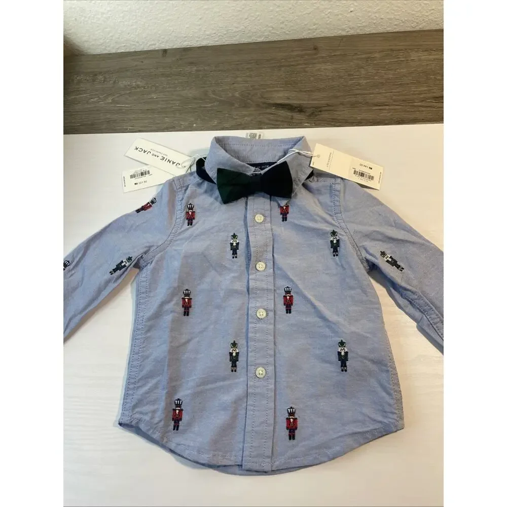 Janie and Jack Boys 6-12 Months Blue Button Up Shirt Nutcrackers NWT